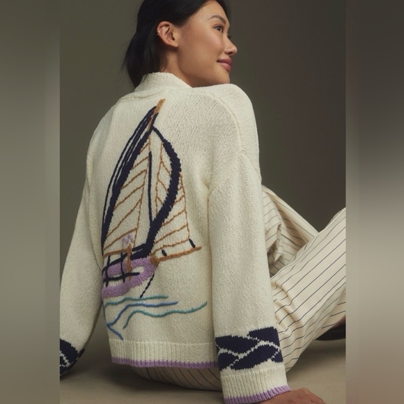 Anthropologie Sweaters - Anthropologie Maeve Cream Sailboat Intarsia Knit Cardigan with Navy Trim